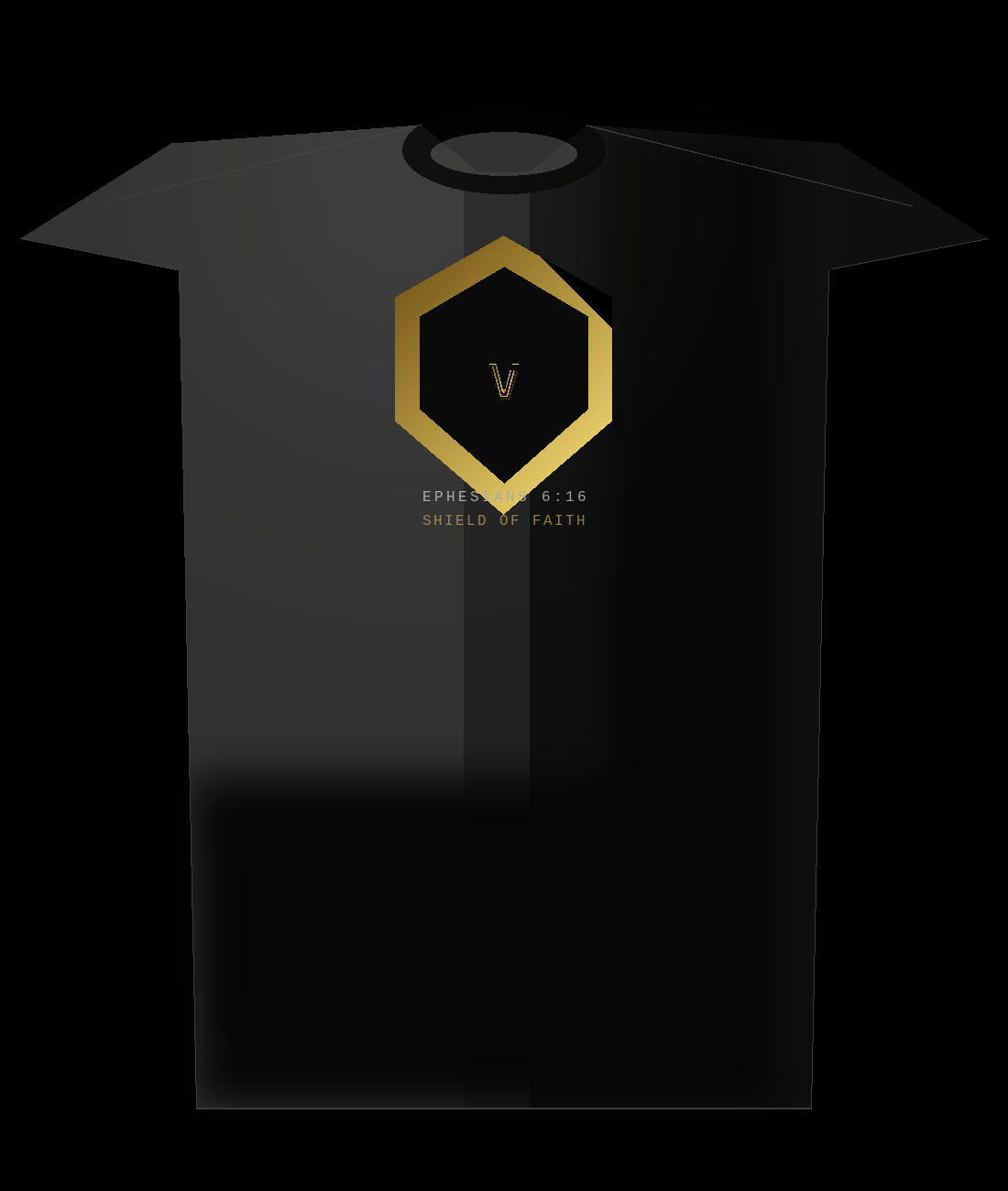 Shield of Faith tee — 3D beveled gold shield with V mark inside, Ephesians 6:16