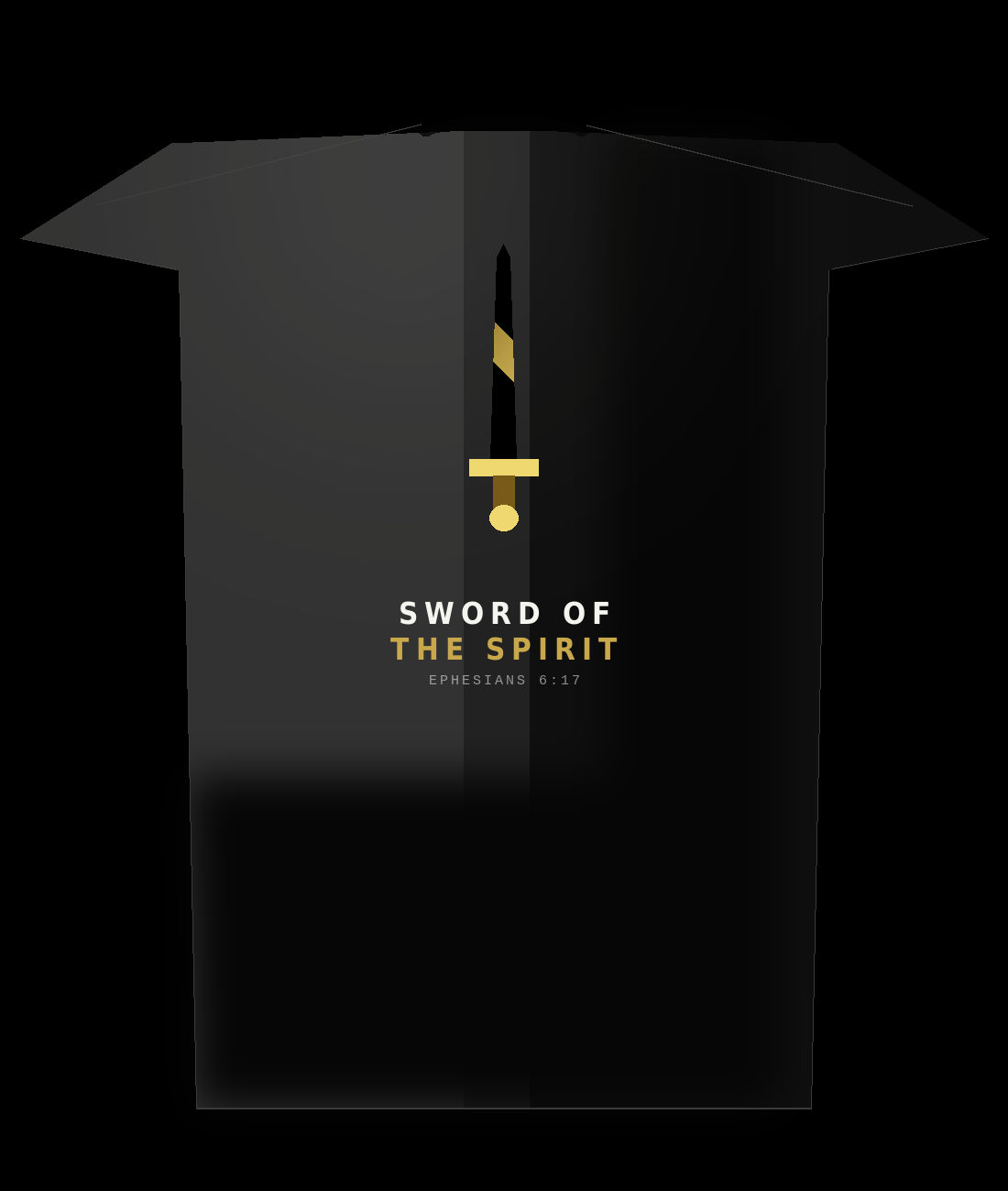 Sword of the Spirit back print tee — 3D rendered gold sword, Ephesians 6:17