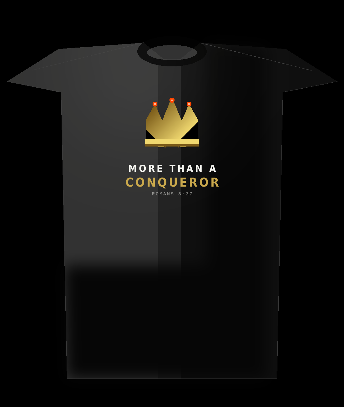 More Than A Conqueror tee — 3D gold crown with infrared jewels, Romans 8:37