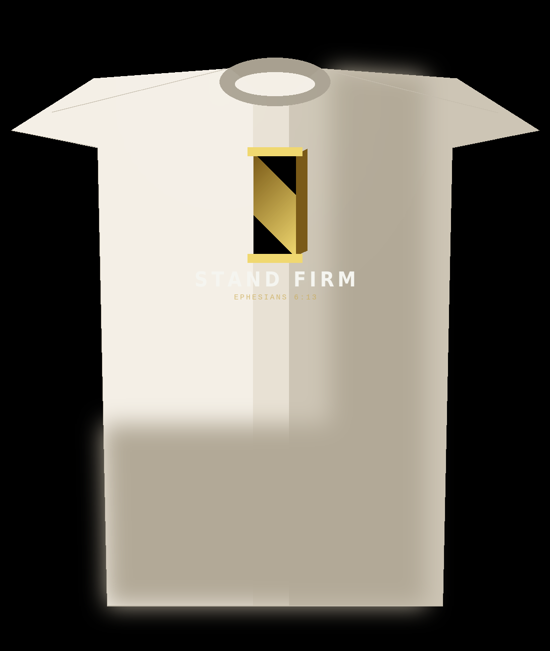 Stand Firm tee on cream — 3D gold pillar column, Ephesians 6:13