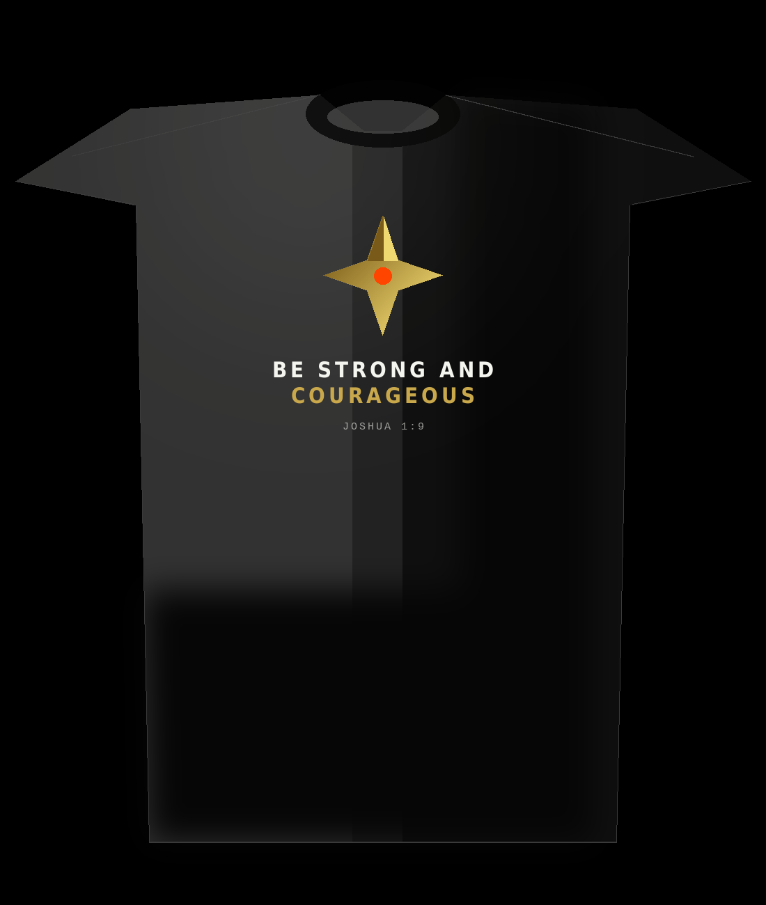 Joshua 1:9 tee — 3D gold compass with infrared center, Be Strong and Courageous